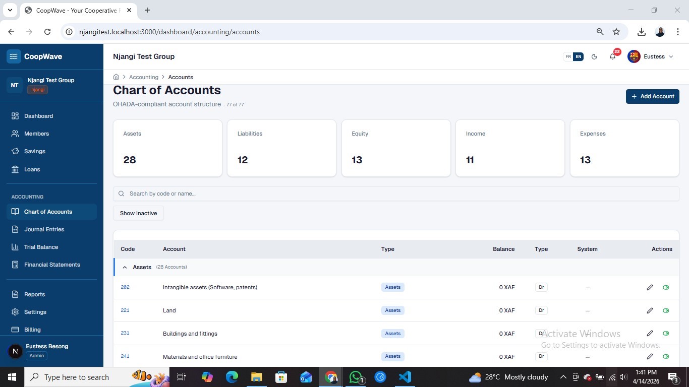 CoopWave chart of accounts — OHADA-compliant structure with 77 accounts