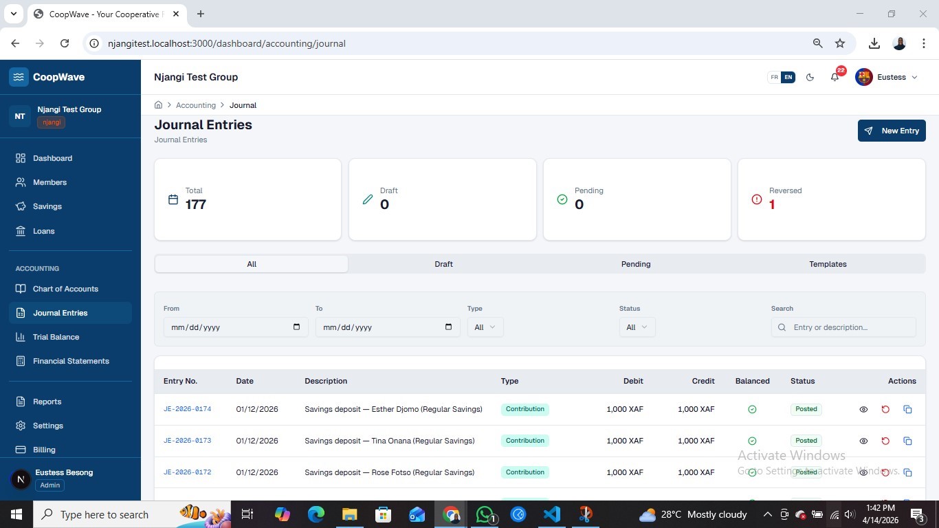 CoopWave journal entries — double-entry bookkeeping