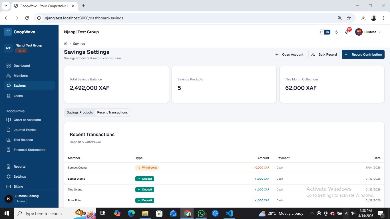 CoopWave savings page — recent transactions with deposit and withdrawal badges